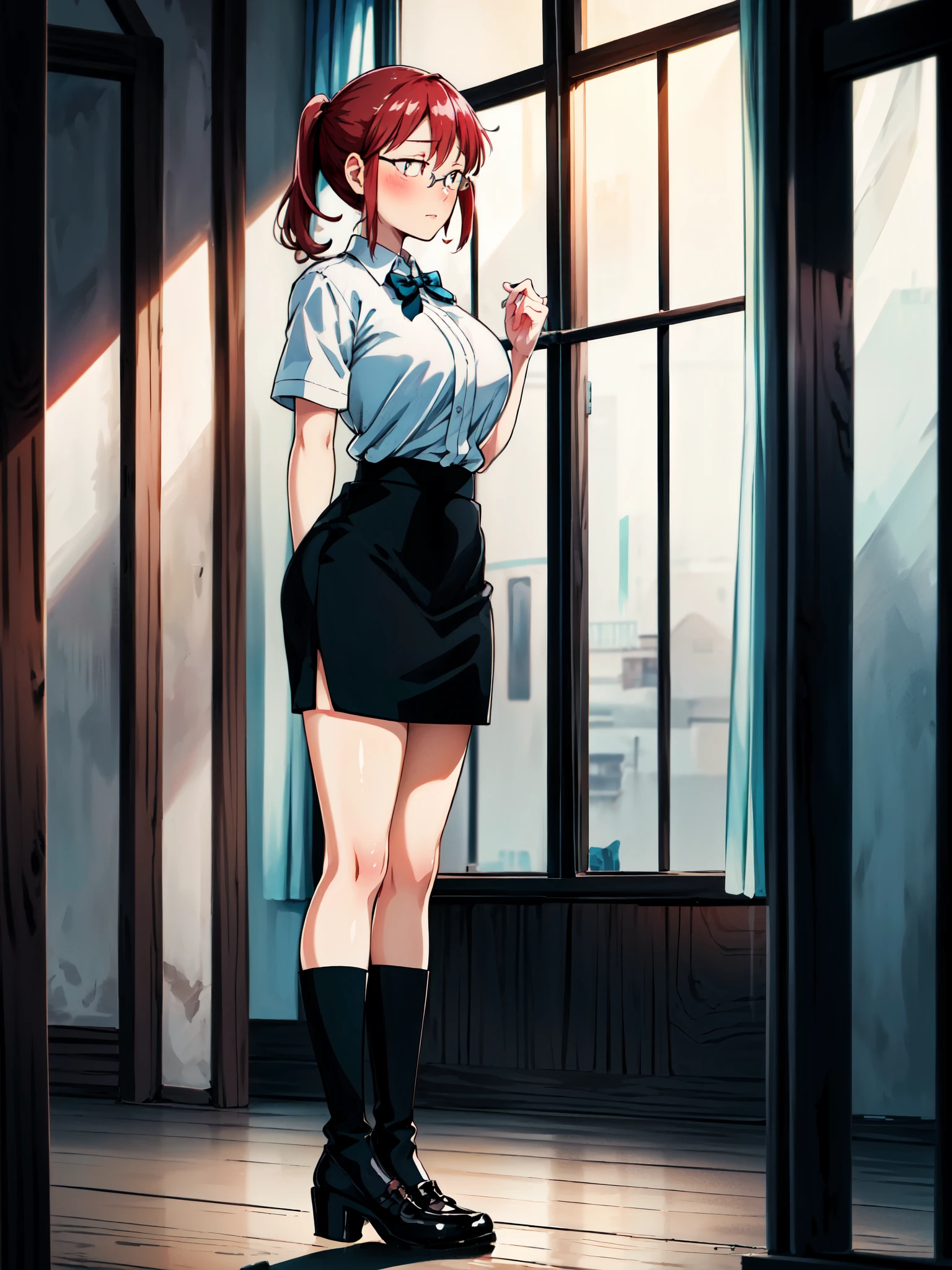 Anime girl in a short skirt and shirt standing in front of a window -  SeaArt AI