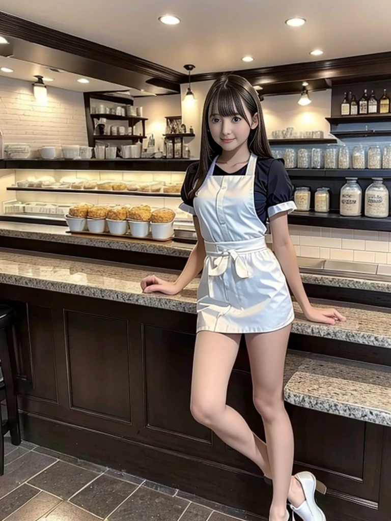 (highest quality:1.5),(8K:1.5),(masterpiece:1.5),(high resolution:1.5),(Large Breasts),(Narrow waist),(Thin and beautiful legs),White and beautiful skin,Clothing with low exposure,The background is a cafe,A cafe costume that emphasizes the body line