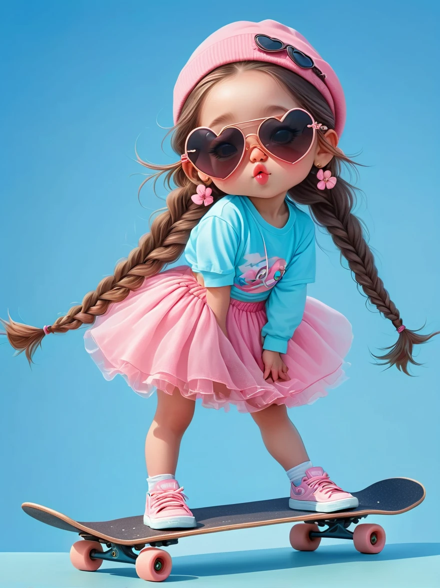 Cute little girl with long braids，Kissing in front of the camera，Wearing a skirt，Holding a huge flower，(Close one eye:1.6)，3D Rendering，Solid color background，close up，chibi anime，Surrealism，cartoon Q version, by Tiago Hoisel