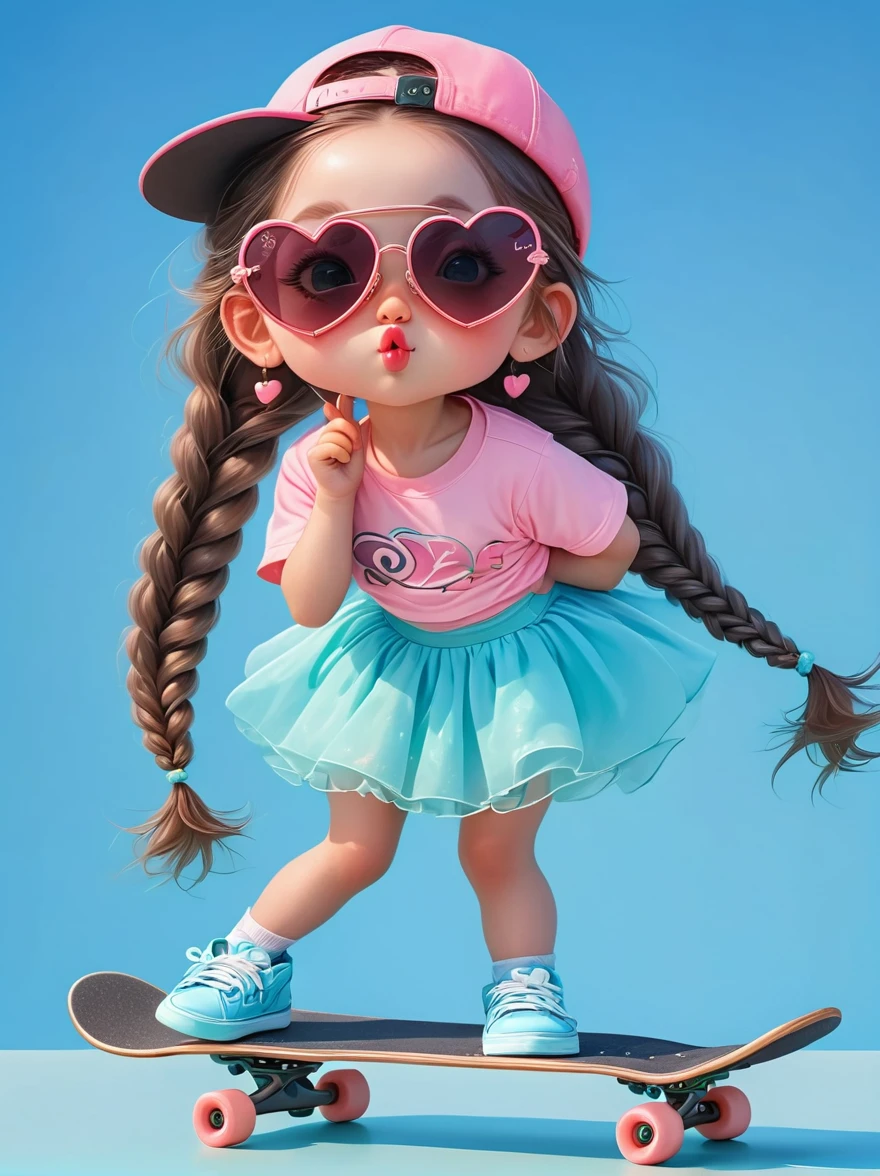 Cute little girl with long braids，Kissing in front of the camera，Wearing a skirt，Holding a huge flower，(Close one eye:1.6)，3D Rendering，Solid color background，close up，chibi anime，Surrealism，cartoon Q version, by Tiago Hoisel