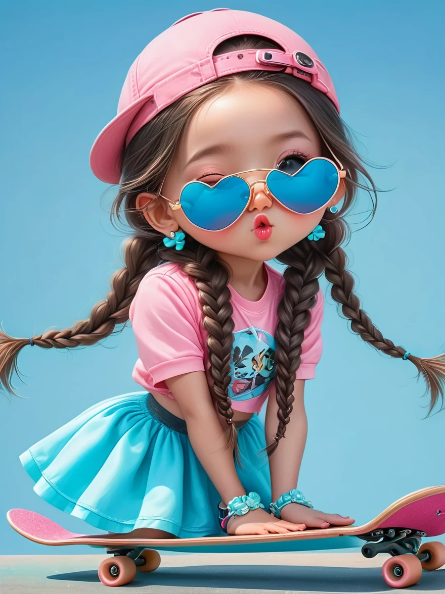 Cute little girl with long braids，Kissing in front of the camera，Wearing a skirt，Holding a huge flower，(Close one eye:1.6)，3D Rendering，Solid color background，close up，chibi anime，Surrealism，cartoon Q version, by Tiago Hoisel