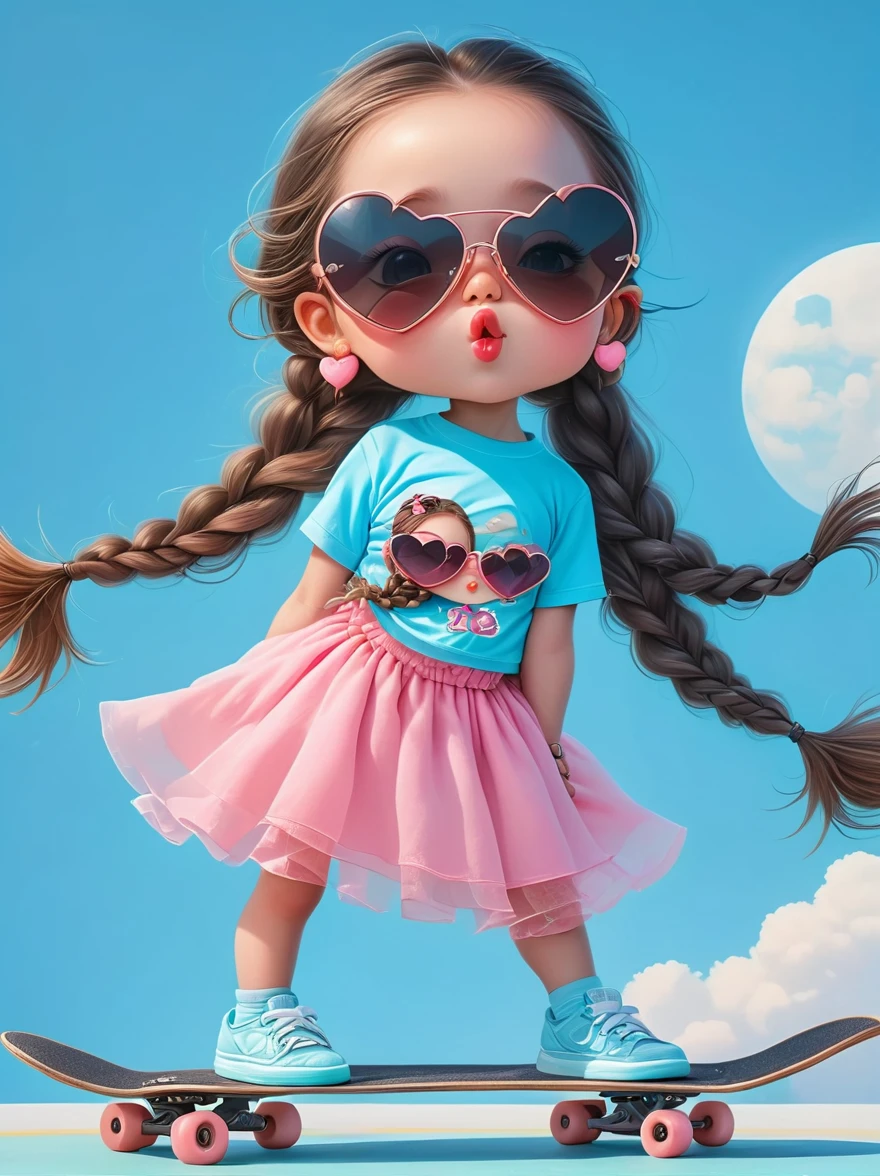 Cute little girl with long braids，Kissing in front of the camera，Wearing a skirt，Holding a huge flower，(Close one eye:1.6)，3D Rendering，Solid color background，close up，chibi anime，Surrealism，cartoon Q version, by Tiago Hoisel