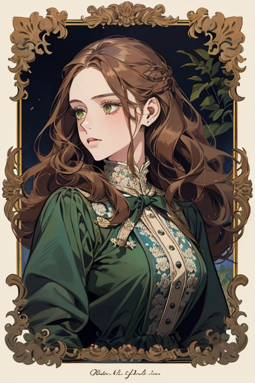 一位有着棕色长波浪发的女士的数字绘画, 绿眼睛, 19 世纪的年轻贵族女性 , 软特征, 海军蓝色连衣裙, 在花园里, 肖像风格