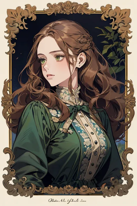 a digital painting of a woman with long brown wavy hair, green eyes, a young noble woman from the 1800's , soft features, navy b...