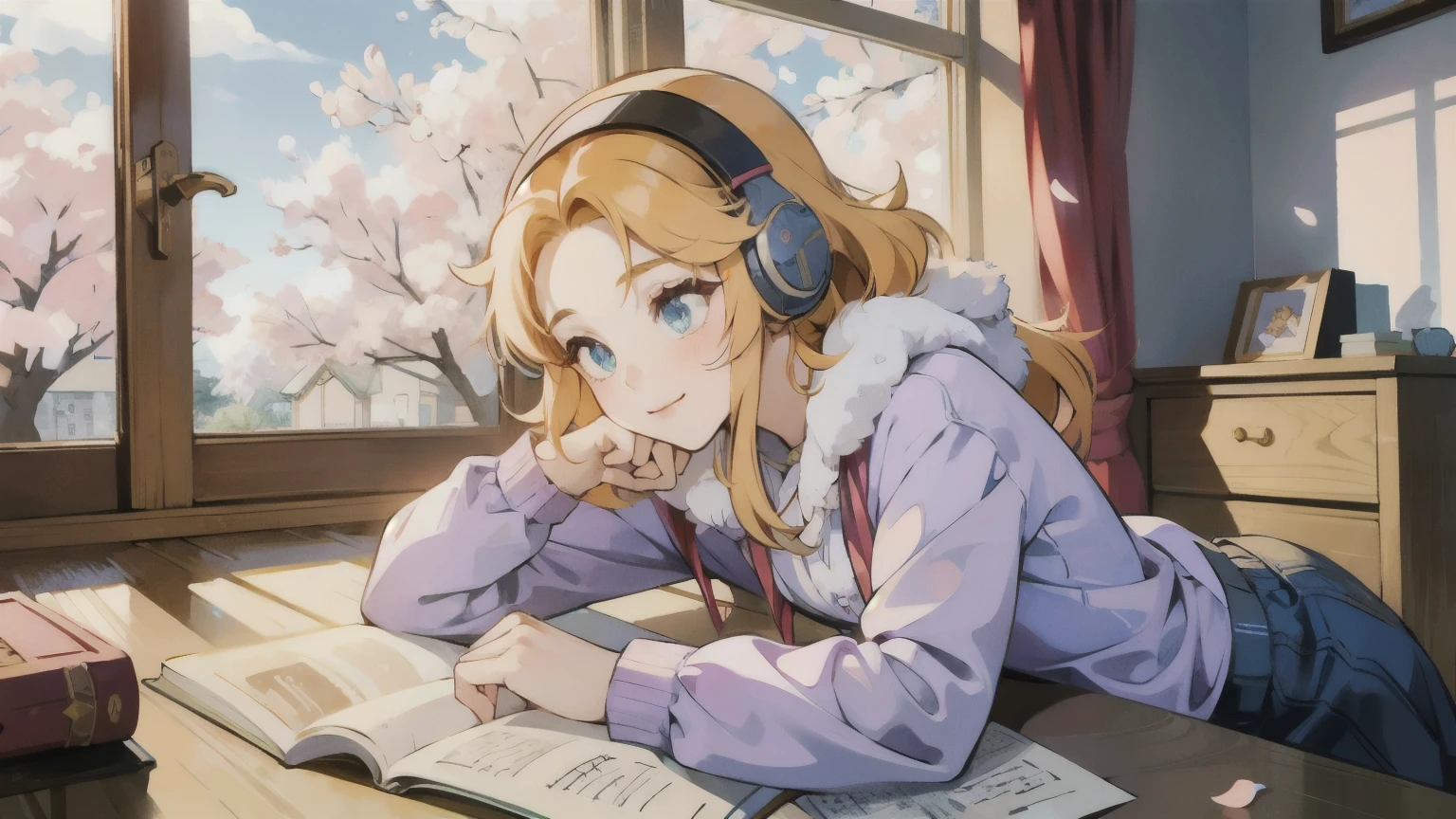 Ghibli character style　Beautiful girl studying in her room while listening to music with headphones　Warm lighting　Outside the room, cherry blossoms are blooming