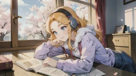 ghibli character style　beautiful girl studying in her room while listening to music with headphones　warm lighting　outside the ro...