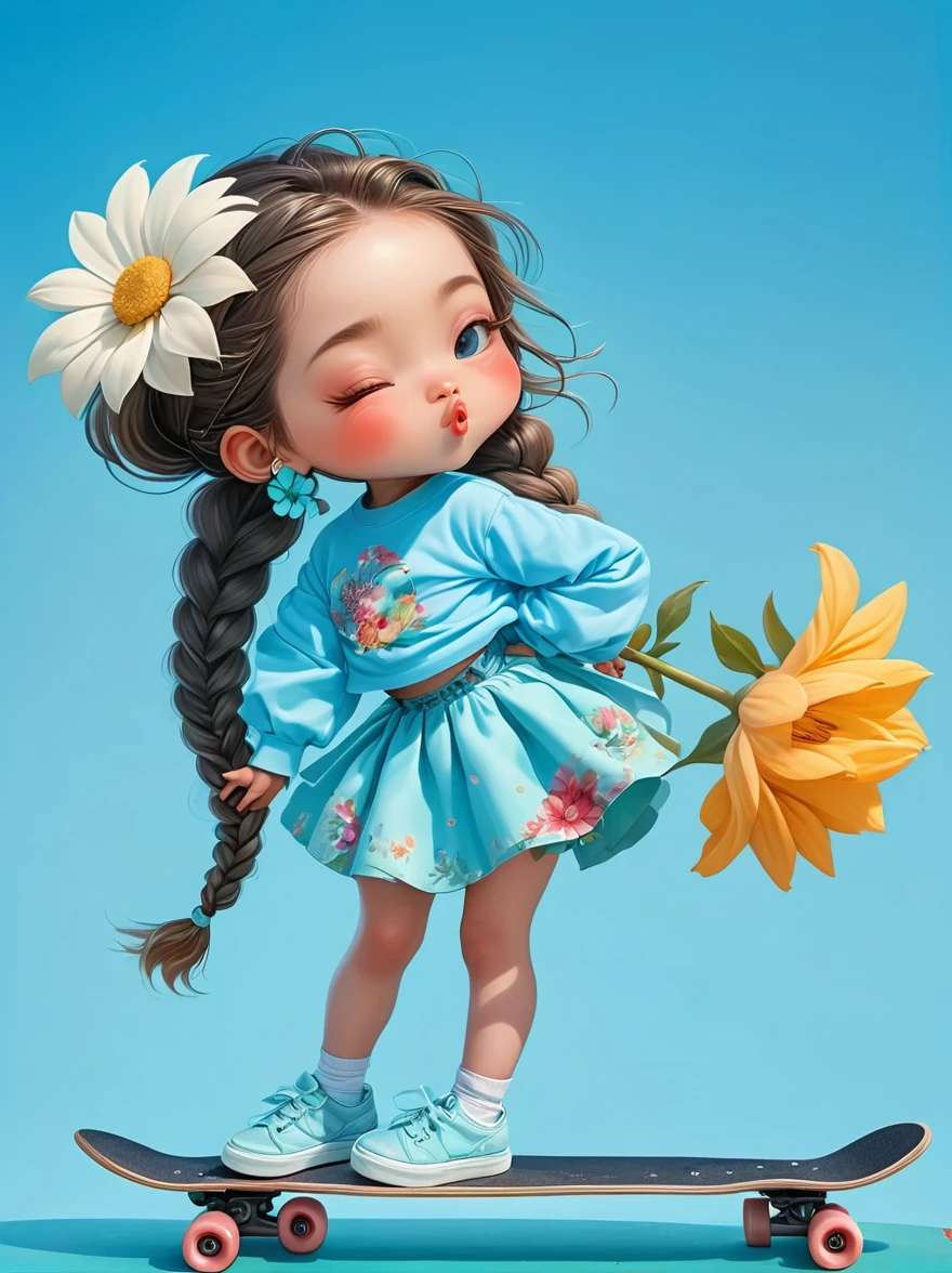 Cute little girl with long braids，Kissing in front of the camera，Wearing a skirt，Holding a huge flower，(Close one eye:1.6)，3D Rendering，Solid color background，close up，chibi anime，Surrealism，cartoon Q version, by Tiago Hoisel