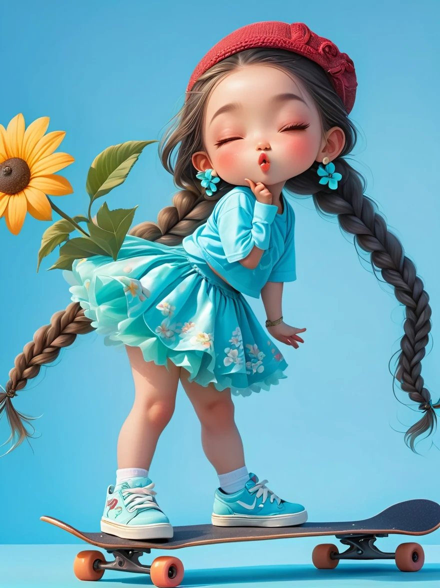 Cute little girl with long braids，Kissing in front of the camera，Wearing a skirt，Holding a huge flower，(Close one eye:1.6)，3D Rendering，Solid color background，close up，chibi anime，Surrealism，cartoon Q version, by Tiago Hoisel