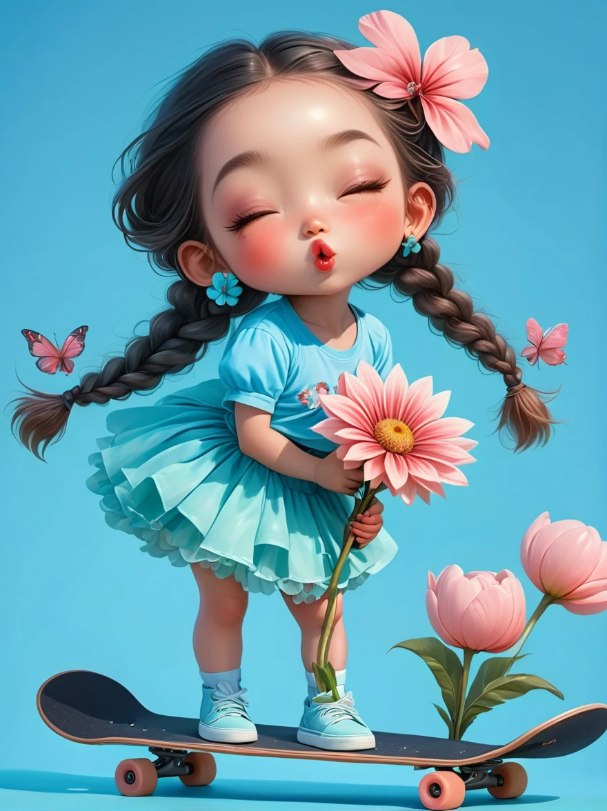 Cute little girl with long braids，Kissing in front of the camera，Wearing a skirt，Holding a huge flower，(Close one eye:1.6)，3D Rendering，Solid color background，close up，chibi anime，Surrealism，cartoon Q version, by Tiago Hoisel