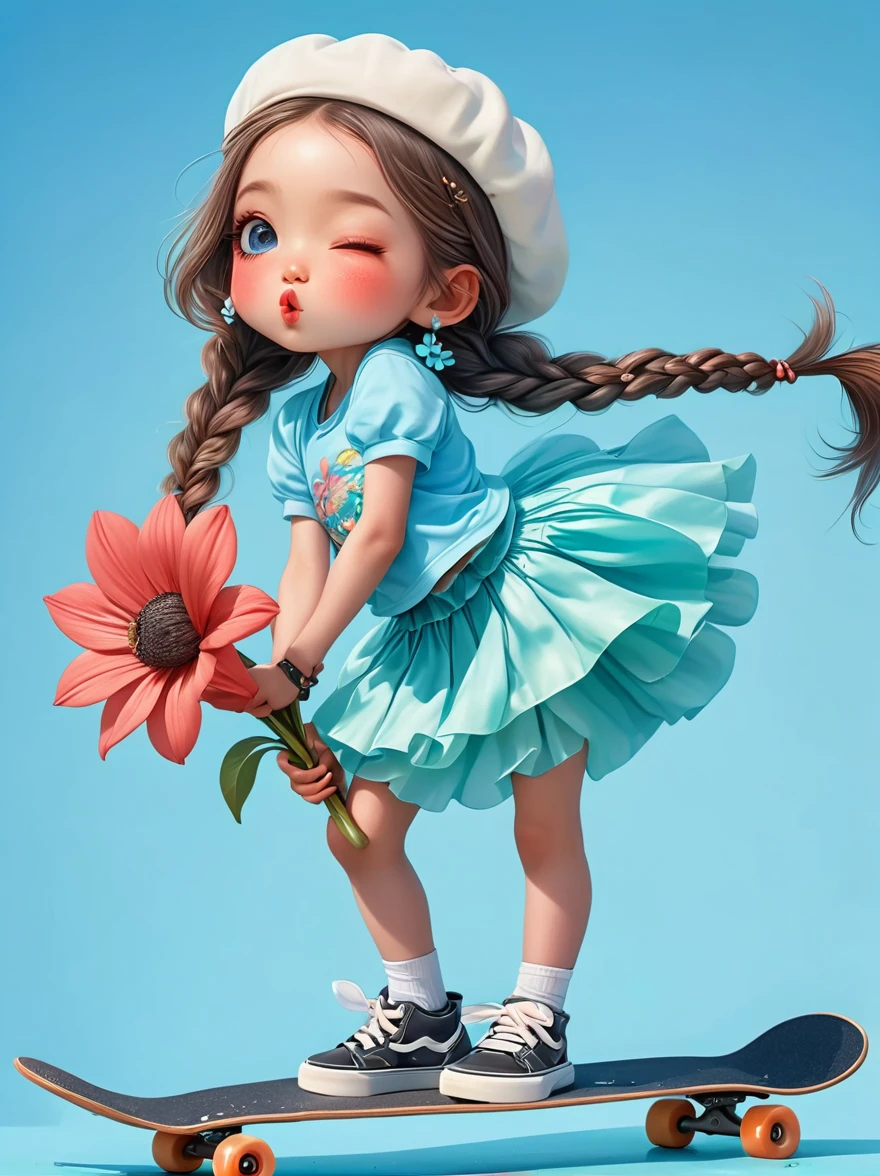 Cute little girl with long braids，Kissing in front of the camera，Wearing a skirt，Holding a huge flower，(Close one eye:1.6)，3D Rendering，Solid color background，close up，chibi anime，Surrealism，cartoon Q version, by Tiago Hoisel