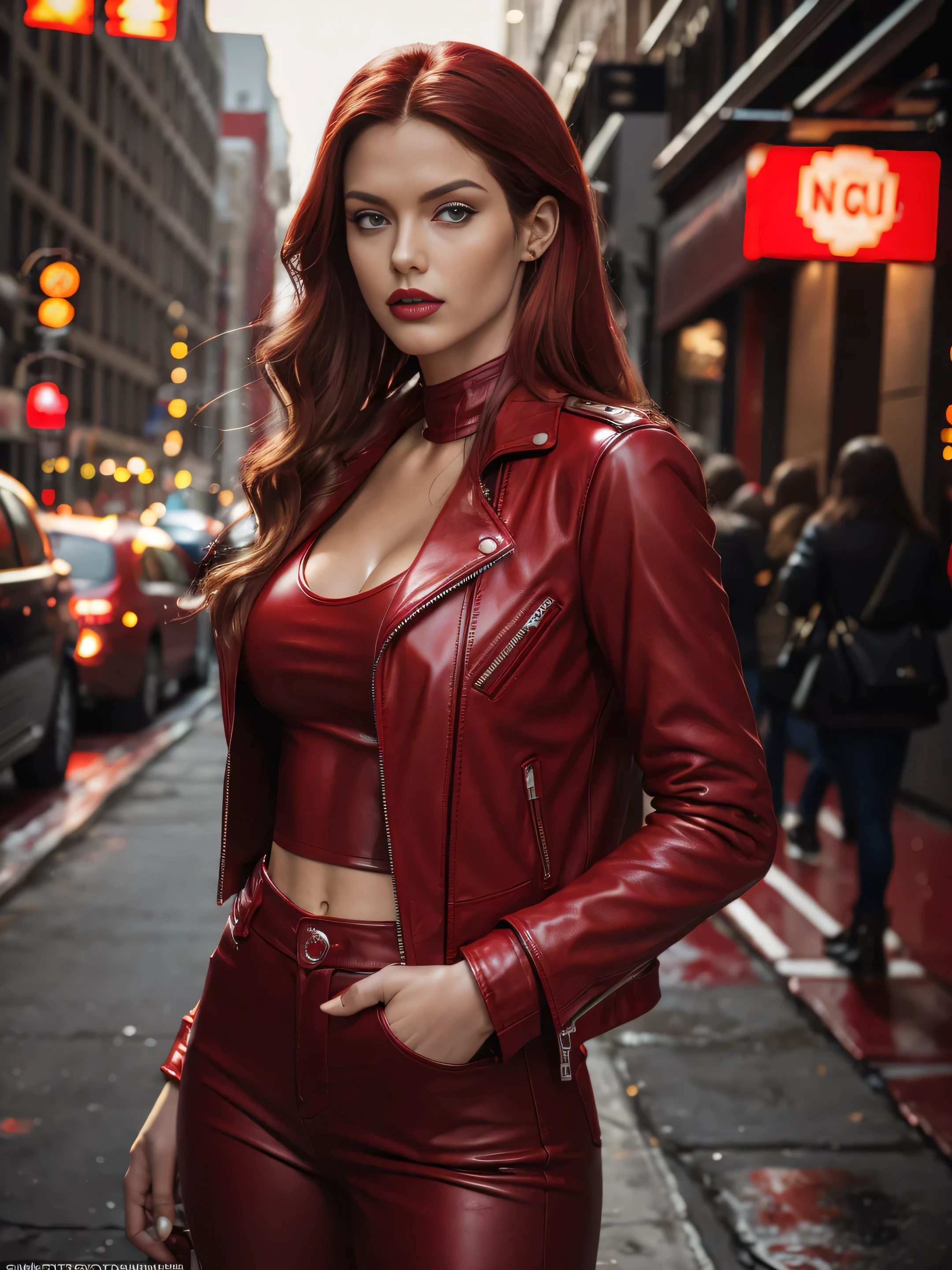 フォトリアリスティックなスタイル, 赤い革のズボンと赤い革のジャケットを着た長い髪の赤い女性が真夜中のニューヨークの通りに立っている