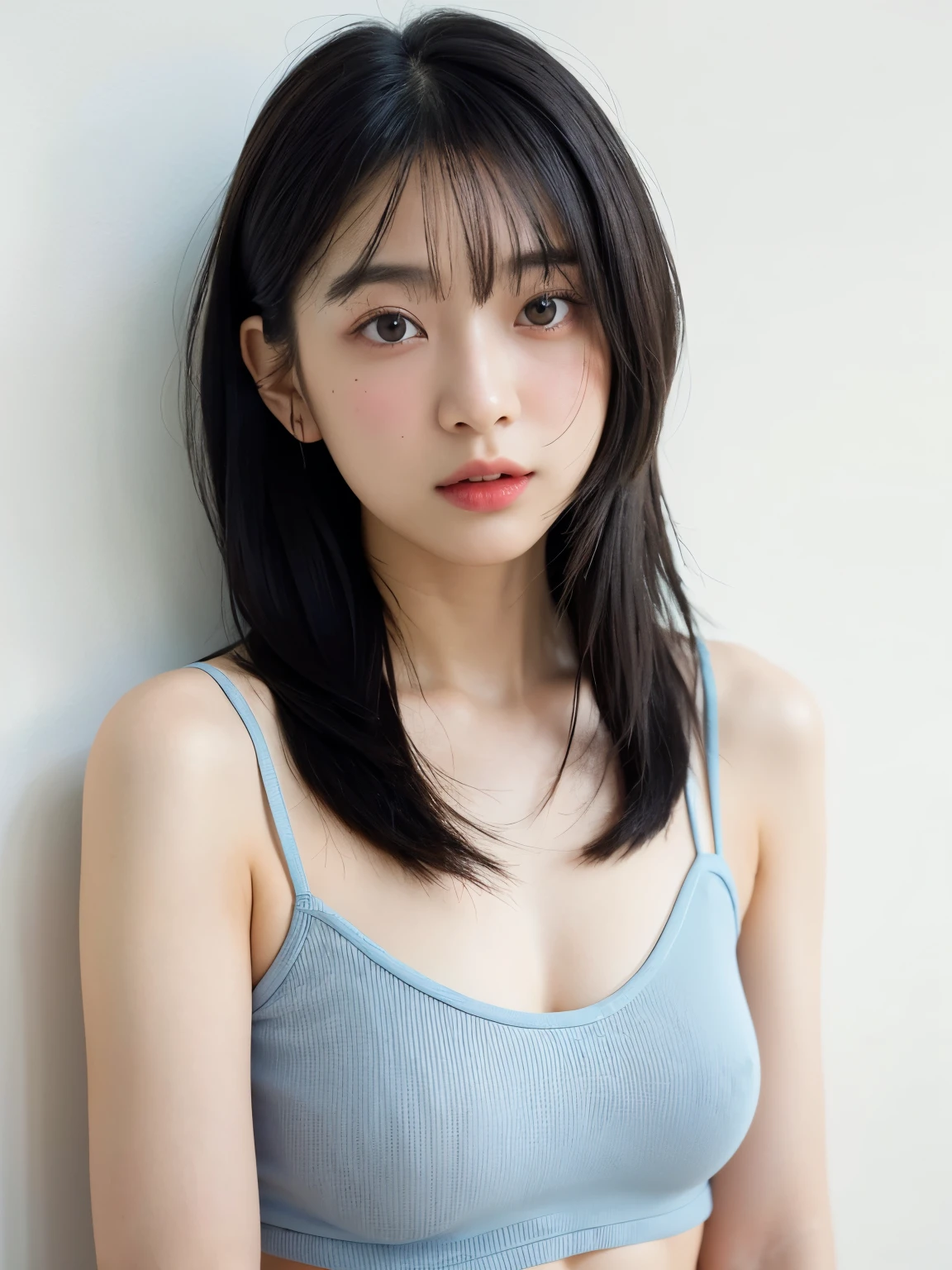 See-through tops、Big Breasts、camisole、(背景にWhite wall、Some of her hair is sky blue:1.4)、White wall、Taken in front of a white door、(窓のあるWhite wallの部屋)、((highest quality、8k、masterpiece:1.3))、Ultra-high resolution、(photoGenuineistic:1.4)、RAW Photos、Japanese,(Detailed aspect)、Genuine、Photographed in natural light、Highly detailed face and skin texture、Highly detailed lips、The correct state of the human body、Medium Hair、Black Hair、Various poses、Natural color lip