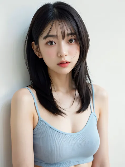 See-through tops、Big Breasts、camisole、(背景にWhite wall、Some of her hair is sky blue:1.4)、White wall、Taken in front of a white door...