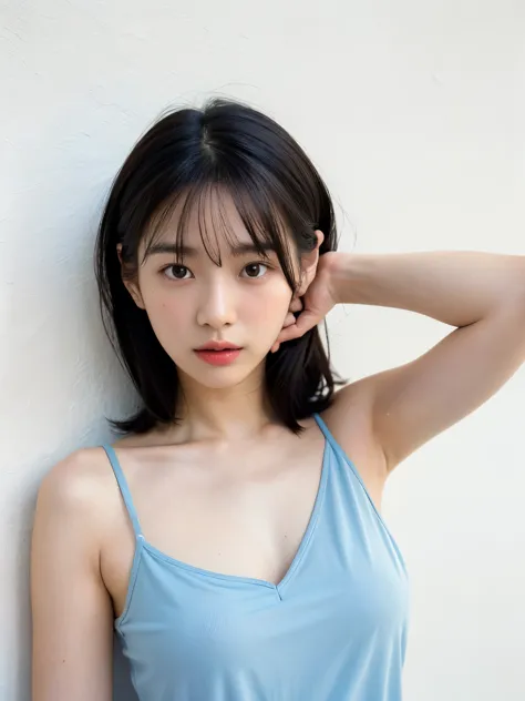 See-through tops、Big Breasts、camisole、(背景にWhite wall、Some of her hair is sky blue:1.4)、White wall、Taken in front of a white door...