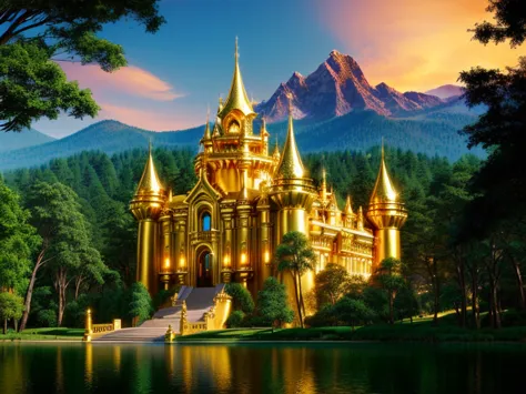 very high quality background images，no characters will be displayed，a luxurious golden castle in the middle of a large forest, l...