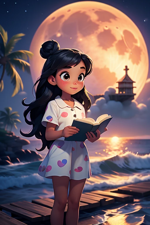 masterpiece, Best quality, 1 girl, Reading a book on a stone pier by the sea，night，Big full moon in the background，There are some cute rabbits around，coconut tree，Pixar style，Disney style，