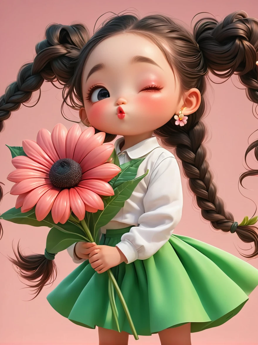 Cute little girl with long braids，Kissing in front of the camera，Wearing a skirt，Holding a huge flower，(Close one eye:1.6)，3D Rendering，Solid color background，close up，chibi anime，Surrealism，cartoon Q version, by Tiago Hoisel