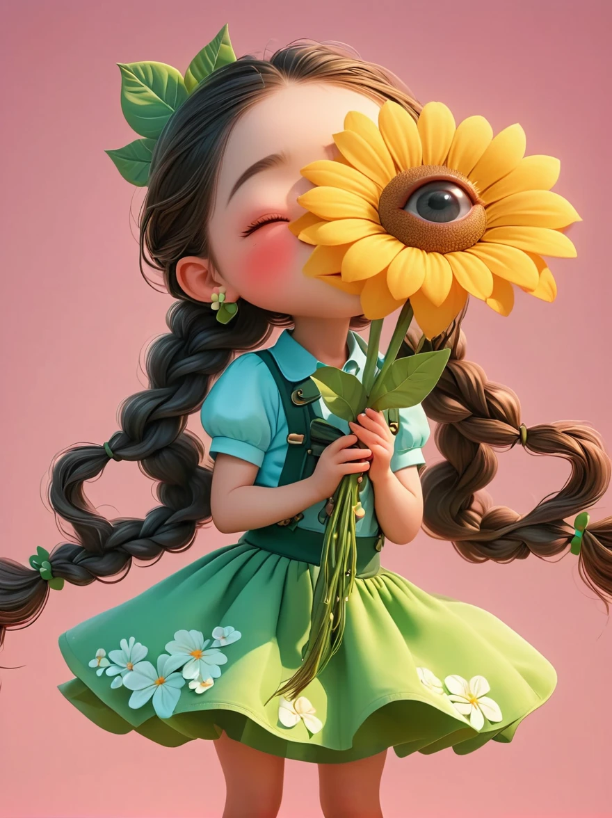 Cute little girl with long braids，Kissing in front of the camera，Wearing a skirt，Holding a huge flower，(Close one eye:1.6)，3D Rendering，Solid color background，close up，chibi anime，Surrealism，cartoon Q version, by Tiago Hoisel