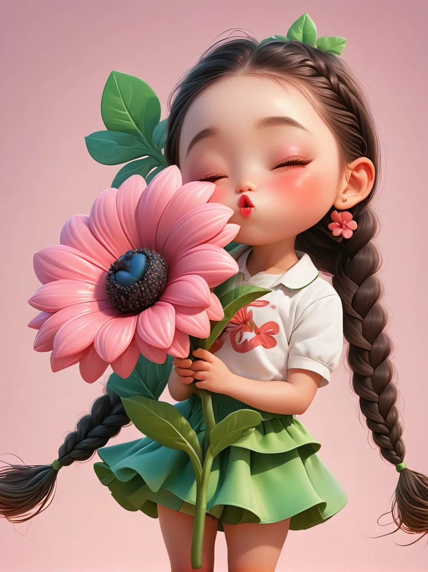 Cute little girl with long braids，Kissing in front of the camera，Wearing a skirt，Holding a huge flower，(Close one eye:1.6)，3D Rendering，Solid color background，close up，chibi anime，Surrealism，cartoon Q version, by Tiago Hoisel