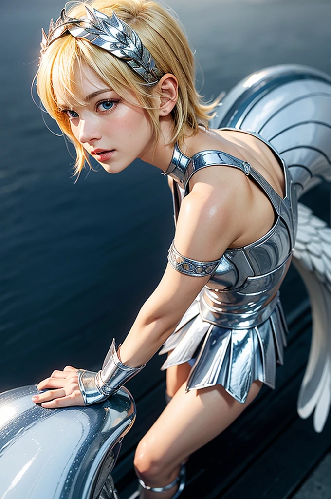 beautiful detail, best quality, 8k, highly detailed face and skin texture, high resolution, blond short hair girl in blue short sleeve and silver armor, wearing swan head band, standing at ice field, full body, sharp focus