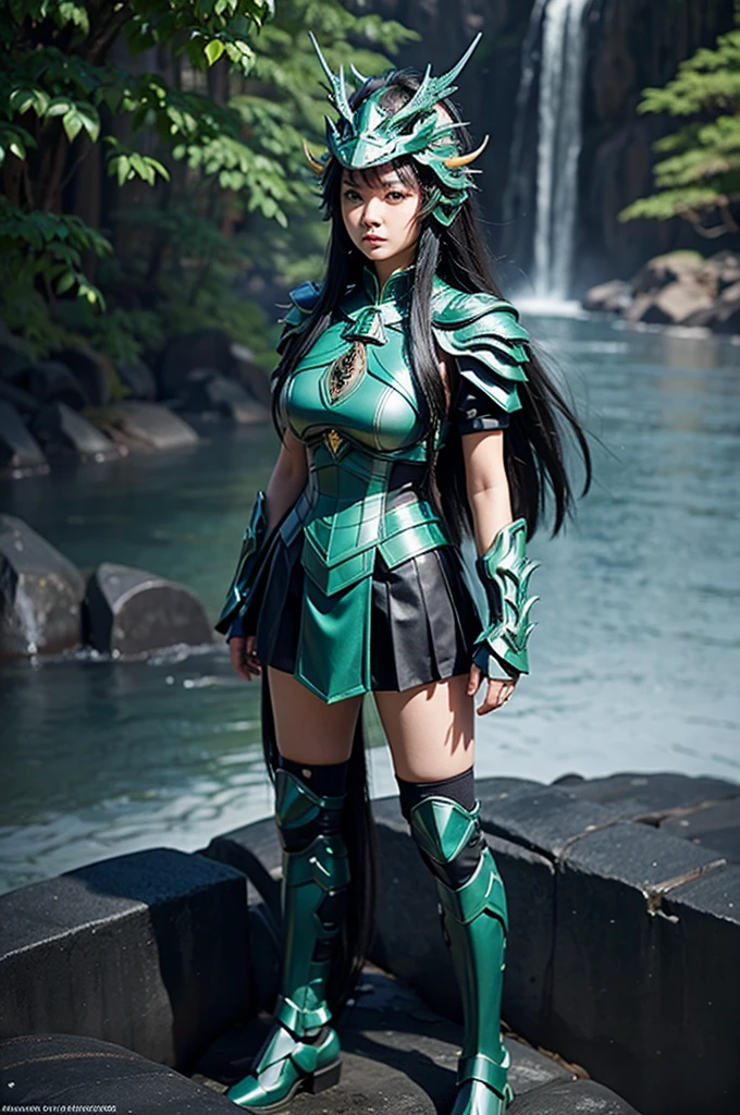 beautiful detail, best quality, 8k, highly detailed face and skin texture, high resolution, black long hair chinese girl in white short sleeve and green metalic armor, wearing dragon head helmet, standing under waterfall, full body, sharp focus