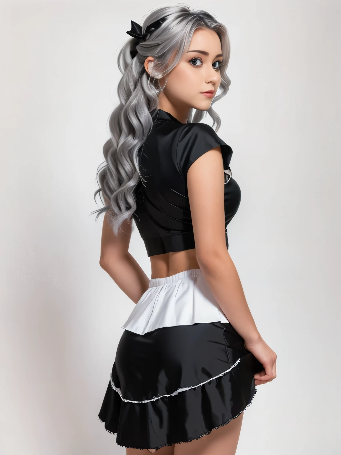 ((Masterpiece)), (highest quality))), (Character design sheet, national costume, same character, front, side, back), illustration, 1 girl, full body, silver hair, eye hair, beautiful eyes, princess cut, environmental change scene, short skirt, shyness, woman, girl, standing, goth , V-tuber, chartaan betarola, (simple background, white background: 1.3) ( Masterpiece:1.2), (Best Quality:1.3)