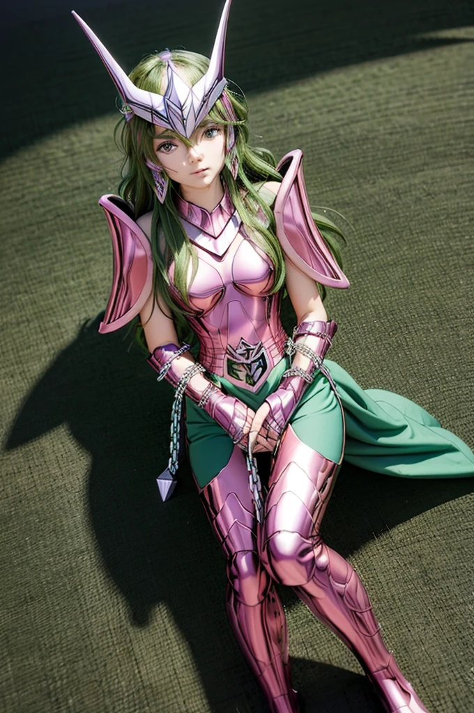 beautiful detail, best quality, 8k, highly detailed face and skin texture, high resolution, green long hair asian girl in green short sleeve and pink metalic armor with chain, shield at shoulder, wearing helmet, standing in flower field, full body, sharp focus