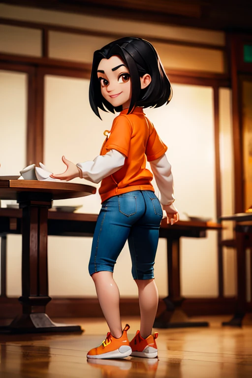 jadechan, short black hair, Brown eyes, orange sweatshirt, short sleeves, white long sleeves, sneakers, blue pants, I look at the viewer, smiling, Full body shot, standing, inside a Chinese restaurant, Soft lighting, high quality, masterpiece,  back view, ass