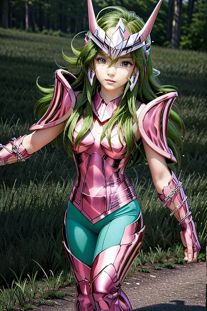 hermoso detalle, mejor calidad, 8K, Textura de cara y piel muy detallada., Alta resolución, Chica asiática de pelo largo verde con manga corta verde y armadura metálica rosa con cadena, escudo en el hombro, usando casco, de pie en el campo de flores, cuerpo completo, enfoque nítido