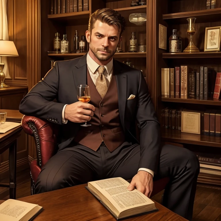 Man having a glass of whiskey sitting in his office inside the mansion with a bookshelf behind him dressed in a suit