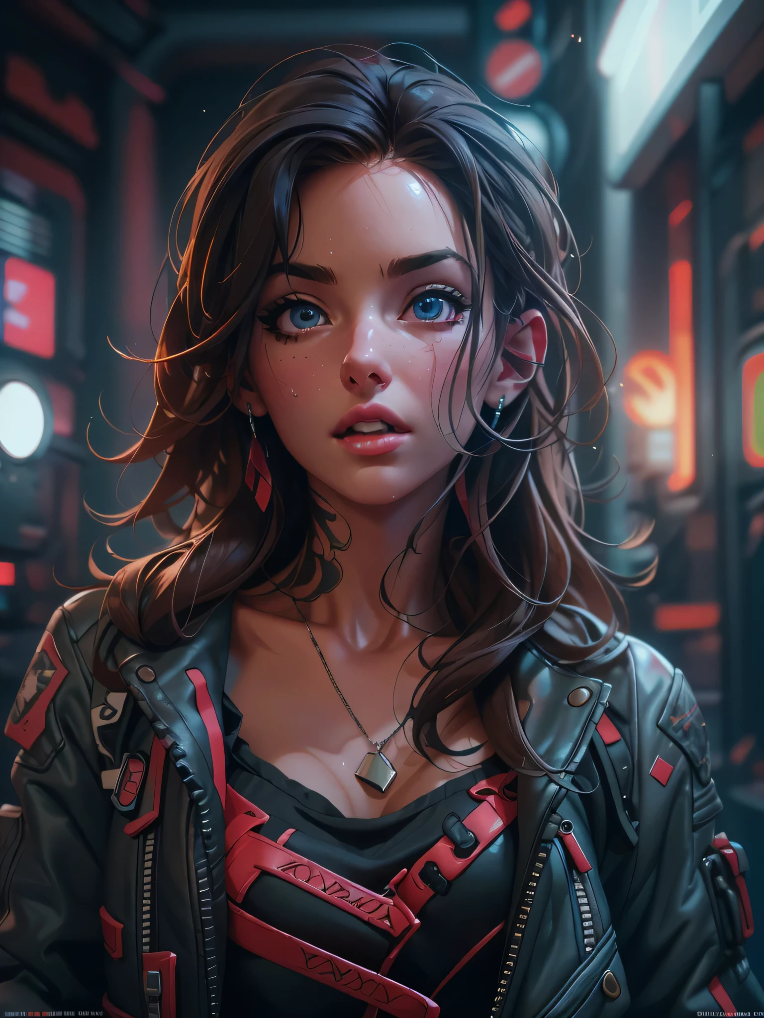 Full face portrait photo of a 20-year-old European girl, RAW, beautiful woman, semi-open strawberry lips, dimples, wistful look, (extra long wavy brown hair), ((detailed face)), ((detailed facial features)), (finely detailed skin), pale skin, (deep neckline detailed high-tech cyberpunk dress), cyberpunk megacity environment, (cool colors), damp, damp, reflections, (masterpiece) (perfect proportion)(realistic photo)(best quality)  (detailed) shot on a Canon EOS R5, 50mm lens, F/2.8, HDR, (8k) (wallpaper) (cinematic lighting) (dramatic lighting) (sharp focus) (intricate), RAW photo, RAW photo, gigachad photo, posing for camera, black jeans, arms back, 8k uhd, dslr, high quality, film grain, Fujifilm XT3, extremely detailed, photorealistic, realistic, incredibly absurd, highly detailed,  Sharp focus, (Professional Studio Lighting), (Professional Color Grading), Edge Lighting, Dramatic lighting, Cinematic lighting, Lumen reflections, Soft natural lighting, Soft color, Photon mapping, Radiosity, (Beautiful eyes), (Detailed eyes), (Detailed face), symmetrical eyes, sharp eyes, cold face, full body, thin waist, beautiful and sexy woman, perfect hips, (gym), immensely attractive, extremely attractive, flirtatious and playful,  hyperrealism, trend in artstation, polished, beautiful, radiant, synesthesia, vibrant, unreal motor 5, ChristyMackQuiron