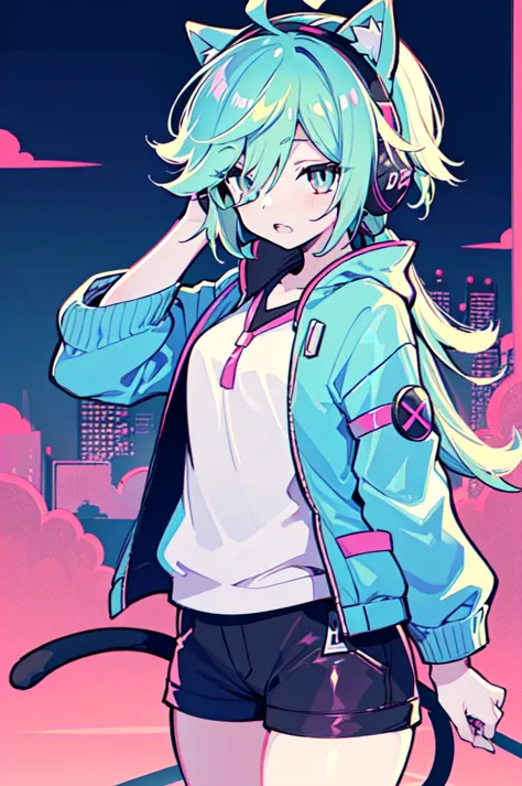 (confident gamer girl:1.3), cyan hair, ponytail, top quality, best quality, (character design:1.3), (1girl:1.3), cyberpunk, snag...