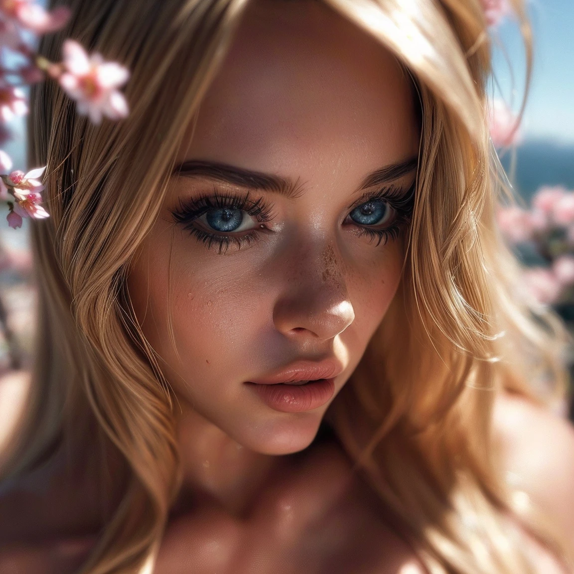 (((Ultra-realistic))), (artistic realization), (ultra-detailed face and eyes: 1.4), 1 girl, (blonde) , (naked) , (very long hair) , Wavy hair, Detailed eyes, (large detailed lips) , makeup, (Natural breasts). (((She lies), many sakura flowers around, view from above, close-up, close to the camera)) , pink atmosphere frame, (ultra detailed)