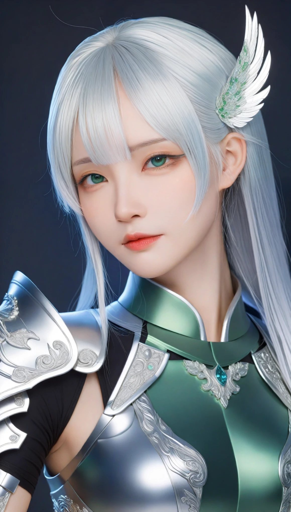 A close-up of a woman in a black and green color scheme, wearing a silver and blue dress, reminiscent of Chengwei Pan’s work on ArtStation. The character is a stunning example of detailed fantasy art, with beautiful armor, crafted in an Artgerm style. The artwork is extremely detailed, showcasing the best of digital anime art, as seen on ArtStation and Pixiv.