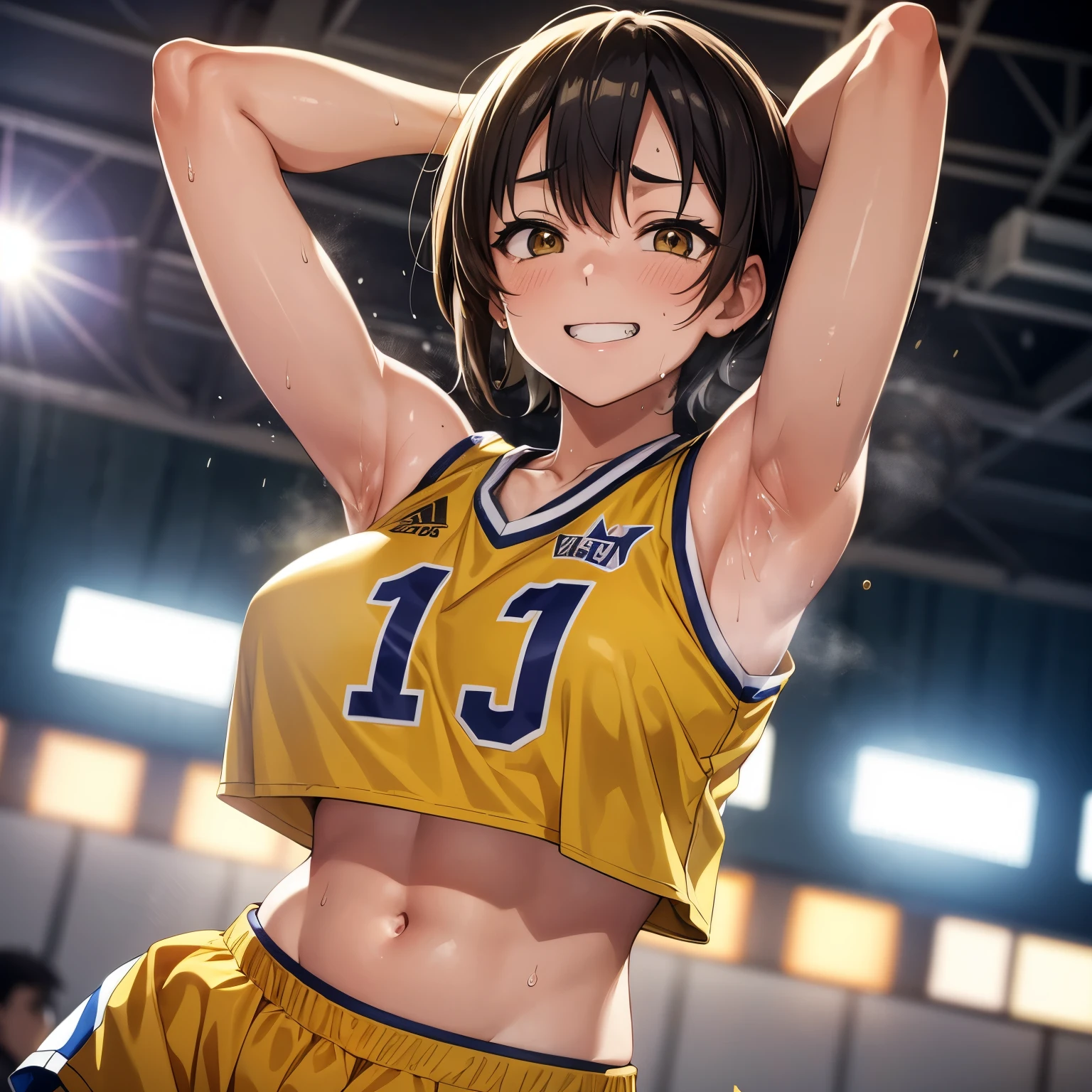 ein japanischer Teenager im gelben NBA-Trikot, yellow CROPTOP nba jersey, wearing a low cut CROPTOP, wearing CROPTOP, CROPTOP, goldener Raito, (zwinkert), Shirobako, groß)}], Lieblingsszene, feine Details. Anime-Serie. skins, Schwitzen, große Brüste, Grinsen, Achseln, Achseln visible, schweißnass, mehr mehr Schweiß, sweaty Achseln, Basketball Platz, ((unscharfer Hintergrund: 1.1)), beste Qualität, Meisterwerk, 4k