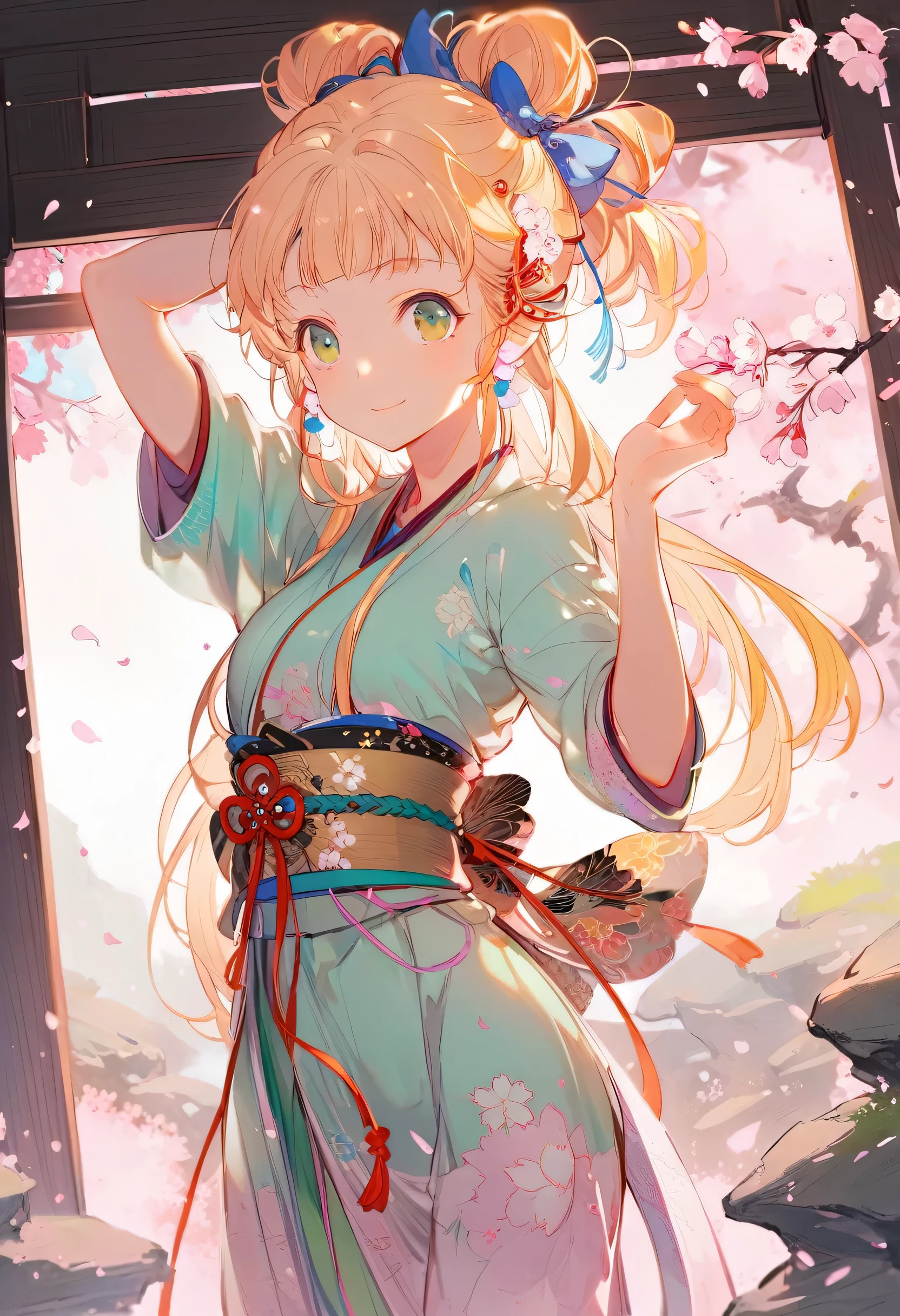 (close up), (1 Girl), Solitary, Green Eyes, blonde long hair tied with blue ribbon, Hair accessories, Bangs, Smile, High school girl, Mid-chest, ((Hands in the air)), Japanese clothes, (Blue short kimono), sandals, ribbon, Heart, ((outdoor)), Cherry blossoms, (Tori Gates), Stone steps,