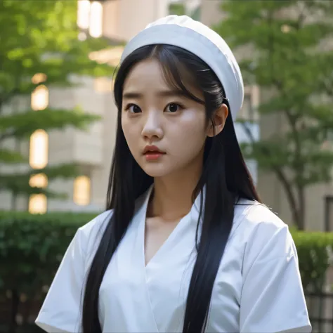 arafed college student with long black hair and a white shirt, she has a distant expression, iu lee ji-eun as a super villain, b...