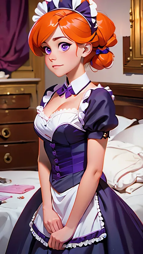 masterpiece, best quality, 1girl, purple eyes, orange hair,maid headdress, maid,