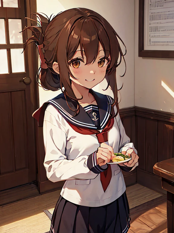 highest quality, Tabletop, High resolution, 一人in, {inazuma_Fleet Collection:1.15}, Brown_hair, Folded_ponytail, Brown_eye, serafuku, length_hair, red面, Open_mouth, smile, One Girl, anchor_symbol, black_pants, length_sleeve, look up_in_Audience, neckerchief, , red_neckerchief, Sailor_collar, School_uniform,