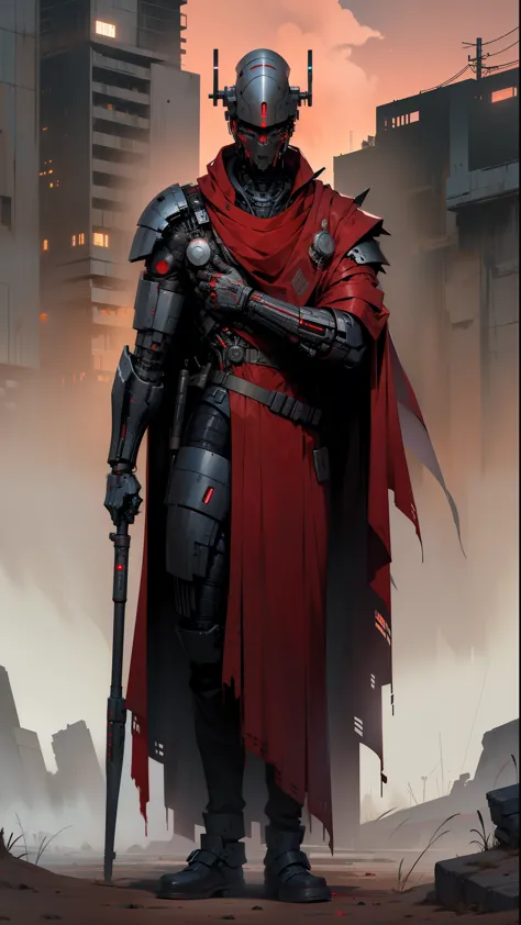 derpd, lethal cyborg assassin wearing robes armor, danger, red sky,post apocalypse 