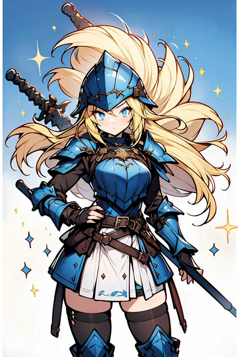 ((1 girl)), Cool woman,Rough poses, Heavy equipment,metal armor, middle ages, victory, Wearing a helmet, Holding a spear, Cowboy Shot,((Very detailed,highest quality, High resolution, 8k wallpaper, Beautiful new clothes,)),((blonde, Long Hair,Messy Hair)), Blowing in the Wind, eye shadow, eyeliner,Glow Eye, Very detailedな目, Beautiful new eyes, ((Sparkling blue eyes)), 18-year-old girl,Five Fingers