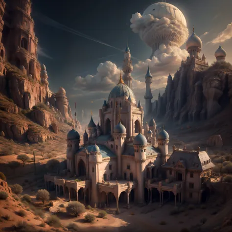 desert，Beautiful Arabian palace，Disney style，One thousand and one nights，((best quality))，((masterpiece))