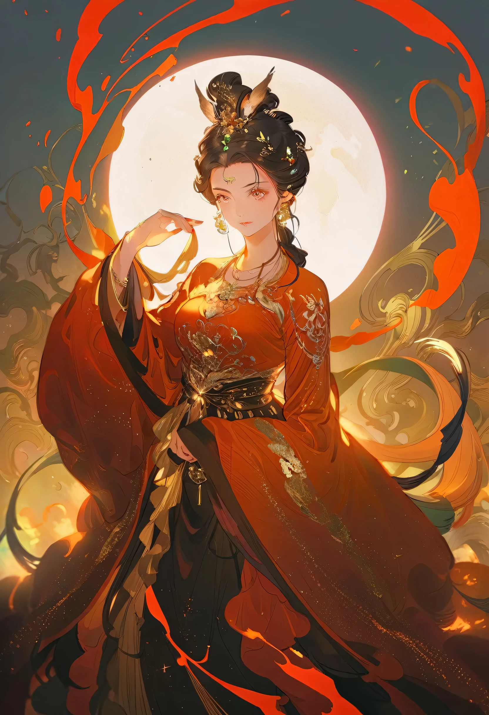 (absurd, high resolution, Super detailed), 1 Girl, Zodiac sign- Aries goddess , Solitary, Mature, Baroque, Long skirt, Long sleeve, elegant, rich and colorful, The most detailed, Upper Body , Hair in the sunset . fire eyes . brave, capricious, Efficient, The enterprising humanitarian face .