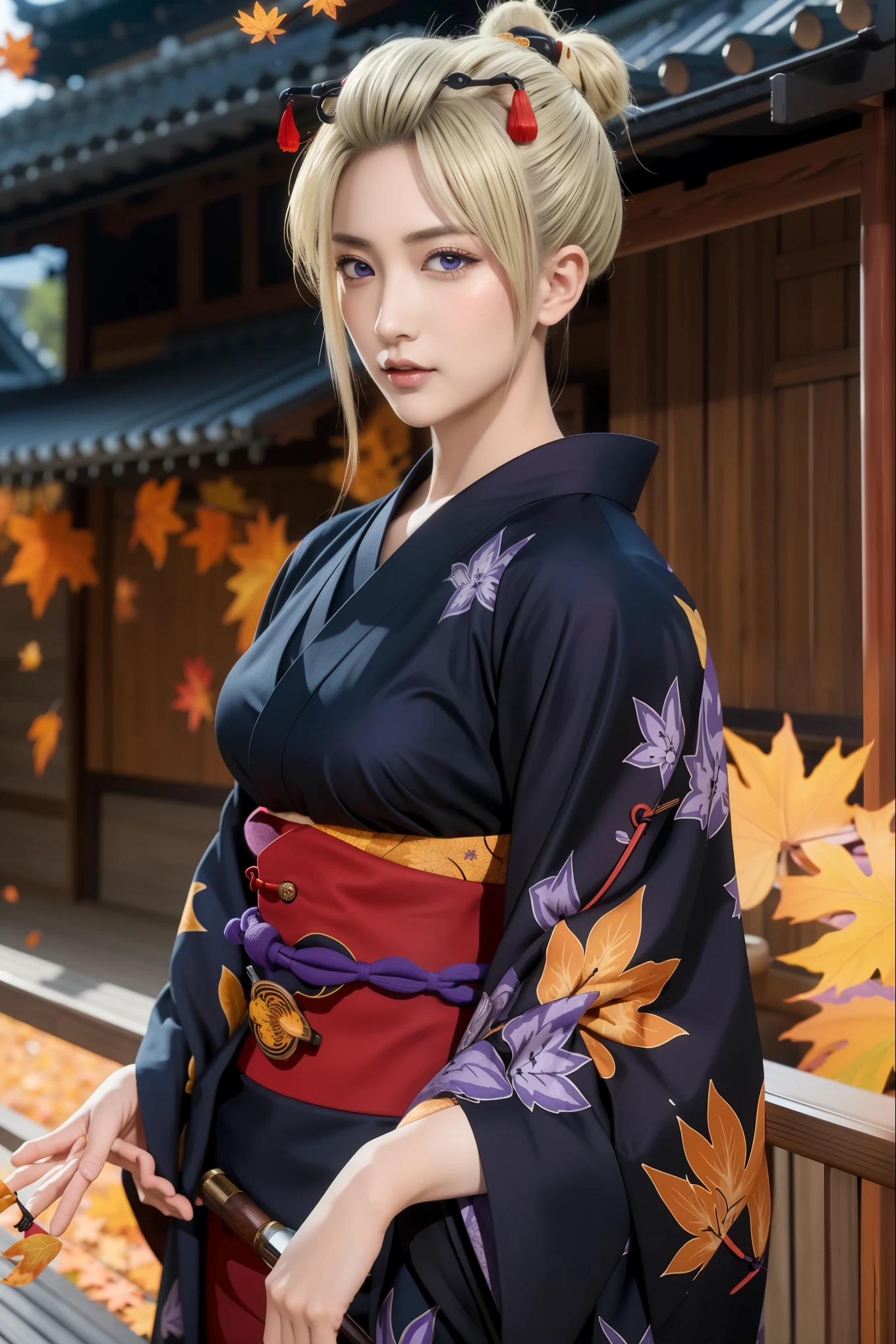 highres, scharfer Fokus, Pixiv-Meisterwerk, ((komplizierte Details)), sehr detailliert, Leitbild, 1 Mädchen, Tsukuyo, Kimono mit Herbstlaubmuster, schwarzer Kimono, Blondes Haar, lila Augen, Cowboy-Schuss, Betrachter ansehen,  