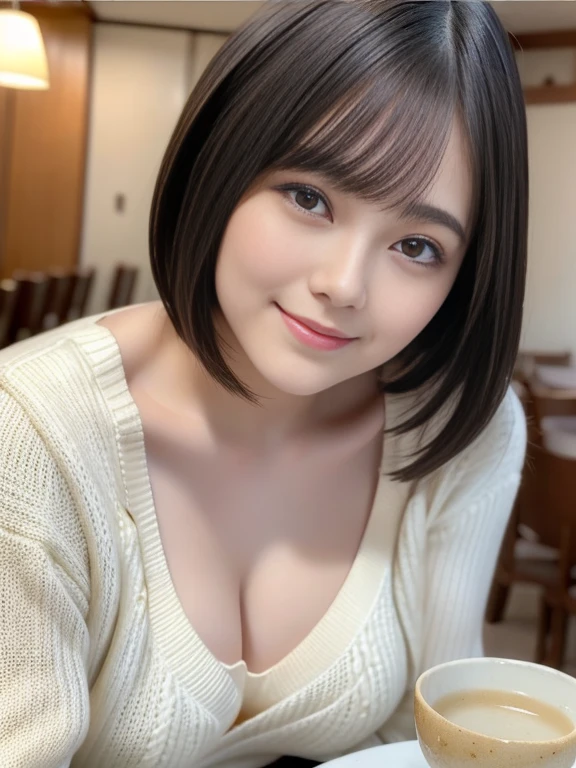 (highest quality: 1.5)、(Real: 1.5)、(1 person: 1.5)、tableトップ、(Leaning forward)、(Her bra is slightly visible through her open-chested sweater.)、(A low-cut sweater revealing a bit of her lacy bra)、Very detailed、High resolution、Small breasts、Natural color lips、Cute smile、Japanese women、20 year old girl、Thin eyebrows、Beautiful and elegant face、cute顔、cute目、Big eyes、Fair skin、Beautiful and elegant face、Natural Bangs、Beautiful and thin nose、Beautiful Skin、Medium Bob Hair、Short Hair、Natural Bangs、Perfect and beautiful face、Slim face and figure、（Looking at the camera with a cute expression）、(Bright lighting)、Professional Lighting、 (Lighting from the front)、Natural smile、Beautiful clavicle、cute胸の谷間、Natural smile、cute、Brightly lit cafe、table、The bra is a little visible、
