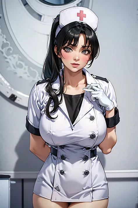 nurse uniform,hospital, latex nurse suit,nurses,busty,elbow gloves,labcoat,dark green hair woman,white eyes , gigantic ,medical ...