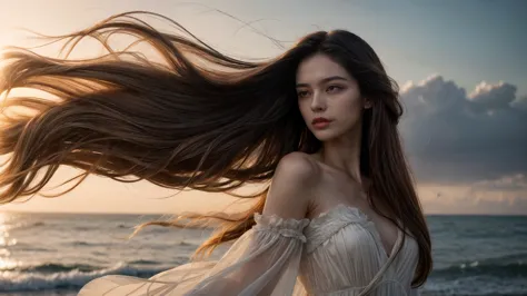 envision a radiant woman graced with luxuriously long hair, elegantly attired in a cocktail dress. Her locks are not merely long...