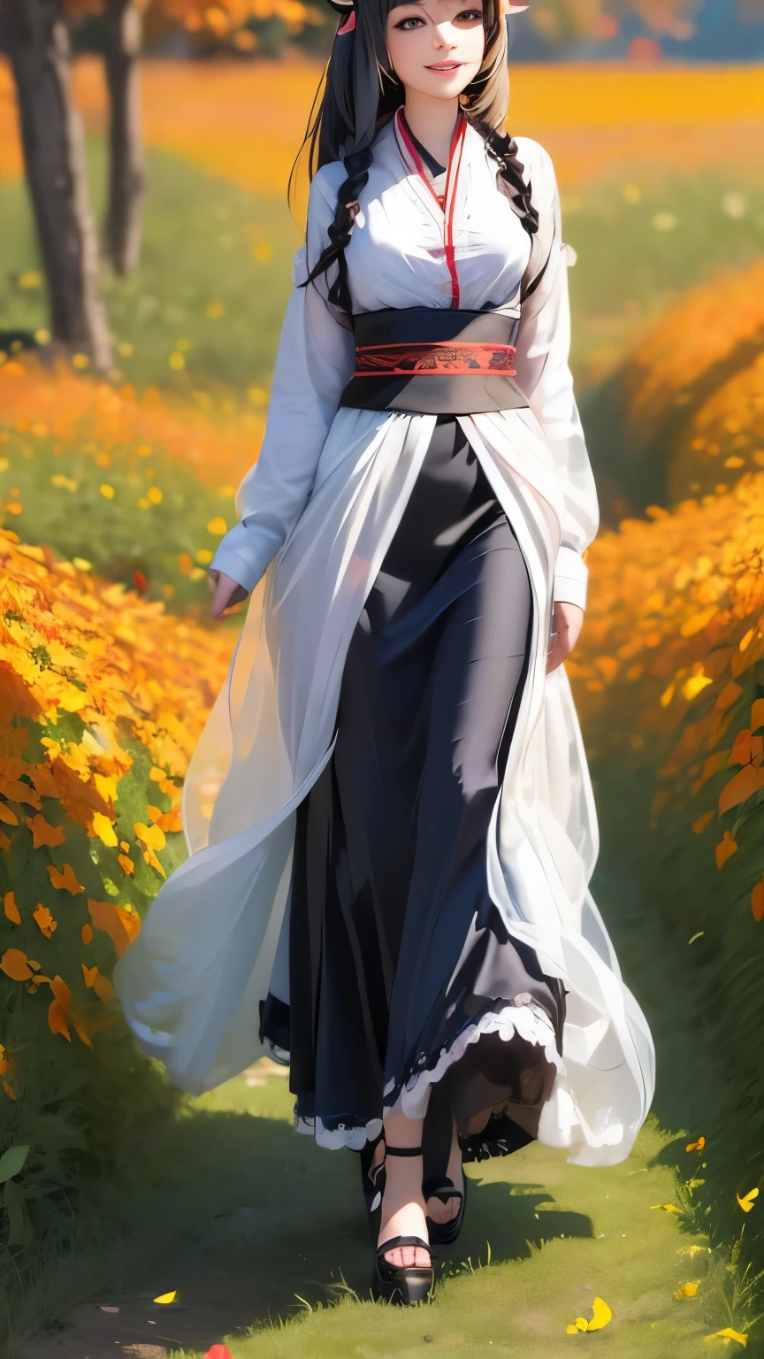 best quality, (masterpiece:1.35), wallpaper, (illustration), original, (depth of field), (1girl:1.35), (solo), full body, dynamic, detailed face,mature female, adult, (old:1.3), Medium breasts, Amused, happy,miko clothing, flower trim,absurdly long hair, black hair,dog ears volumetric lighting, fall leaves, Tyndall effect,