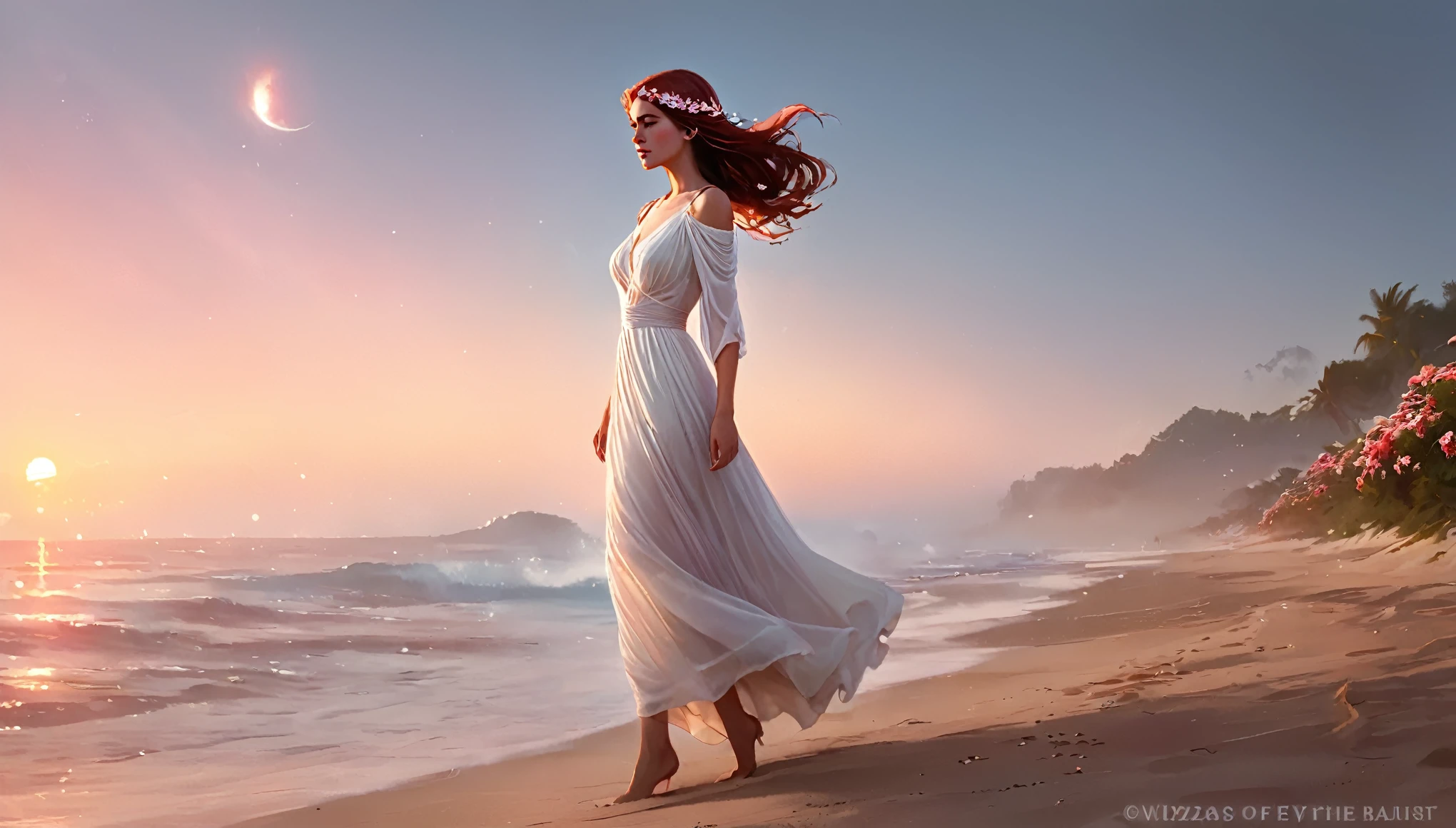 pintura digital de fantasia de uma mulher, beleza etérea, olhando para o céu com saudade, Olhos tristes detalhados, andando pela praia, pés descalços, usando um vestido branco transparente e solto que flui ao vento, flores no cabelo, céu laranja vermelho rosa, vista lateral, atmosfera sonhadora, banhado pela luz carmesim do crepúsculo, Anna DittmannGreg Rutkowski