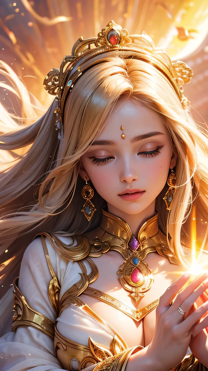 "Maiden of the Sun": Within a sacred sanctuary bathed in sunlight, depict the figure of a sun goddess, facing forward and emanating divine radiance, with golden hair, as she gazes towards us. Zoom in to focus on her face, with light orbs gleaming in her hands, representing the life-giving power of the sun. The background should be predominantly pink, evoking a sense of divine splendor. The setting is in heaven, enveloped in soft, bright light, where one can find tranquility and peace of mind, free from any trace of anxiety. Additionally, the light emanating from her hands should take the form of radiant hearts, resting gently on the palm of her hands.